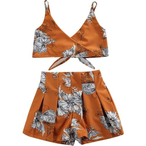 2-6Years Girls Floral Print Clothes Set Sleeveless V-neck Lace-up Cropped Tops + Short Pants
