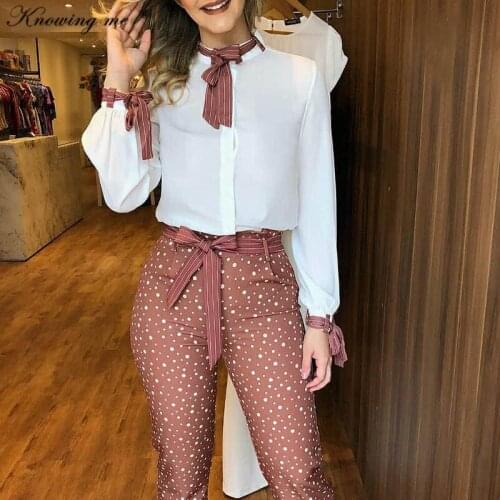 Office Lady blouse suit set Women Autumn Tied Detail Top & Polka Dot Print Pants Set Casual Women Two Piece Set Outfits Workwear