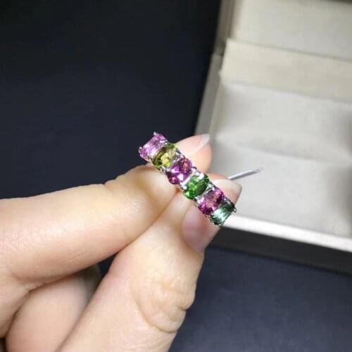 Simple small delicate Row Natural Multicolor tourmaline Ring S925 Silver Natural Gemstone Ring Womens party gift Rings Jewelry