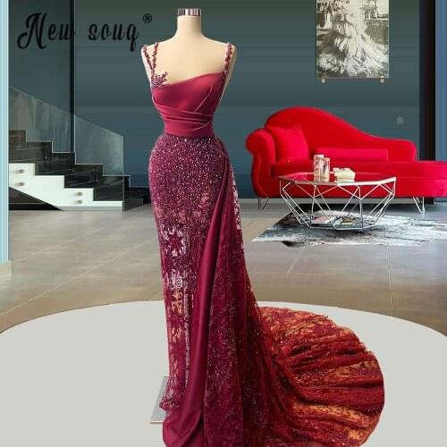 Burgundy Lace Pearls Mermaid Evening Dress with Detachable Train 2021 Sexy Strapes Beading Prom Gowns Longue Robes for Women