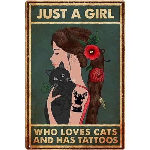 Black Cat and Tattoo Beauty Tin Sign Vintage Black Cat Poster Bar Club Family Cafe Wall Decoration 8x12 Inches Vintage