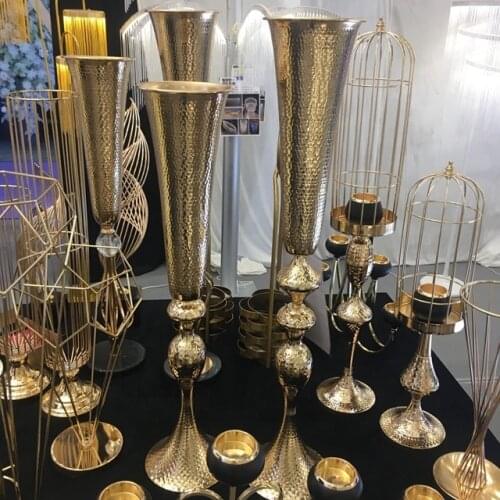 12pcs) 75cm tall)New style handblown gold trumpet tall gold silver mental vases for wedding centerpieces qq298