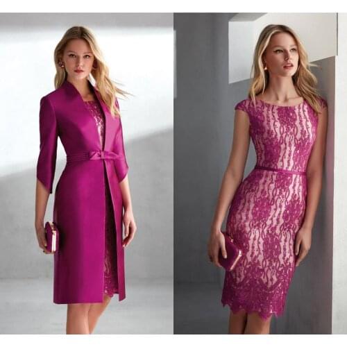 2020 Fuchsia Mother Of The Bride Dresses Knee Length Three Quarter Sleeves Wedding Guest Dress Lace Chic Mothers Formal Gowns