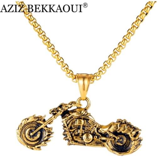 AZIZ BEKKAOUI Hip Hop Motorcycle Necklace Stainless Steel Metal Pendant Silver Gold Color Chain Necklace For Women Men Jewelry