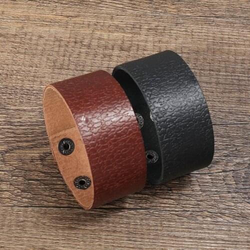 3cm Flat Black Brwon Genuine Leather Bracelet Embossed Texture Cuff Bangle Wrap Bracelets Punk Men Women Jewelry