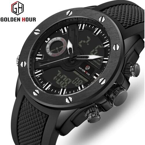 GOLDENHOUR Mens Analog Digital Quartz Watches Men Army Military Dual Display Watch Male Fashion Luxury Black Wristwatch