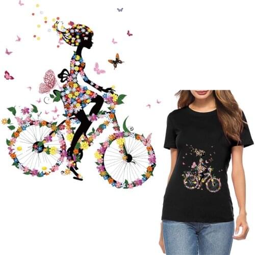 Jeans Pyrography Bike Flower Girl Printed Iron On Patches for Clothes DIY Crafts Heat Transfer Patch ClothingEasy By Household