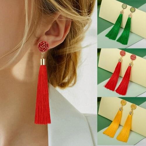 European Fashion Bohemian Tassel Crystal Long Earrings White Red Silk Fabric Drop Dangle Tassel Earrings For Women 2020 Jewelry