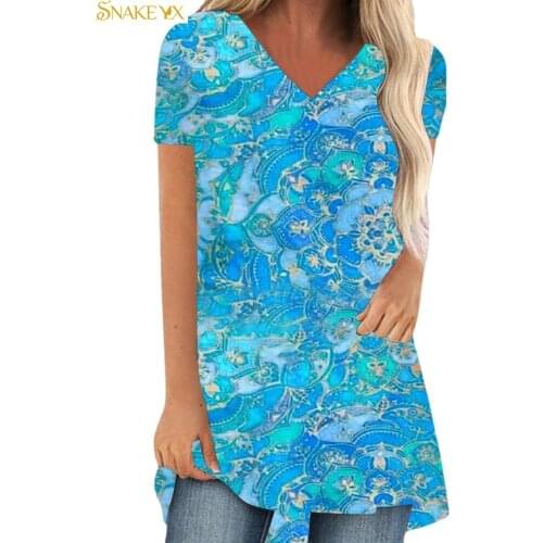 SNAKE YX Oversized T Shirt Womens Geometric Patterns Printed Short Sleeve V-neck Loose Soft and Comfortable Graphic T Shirts