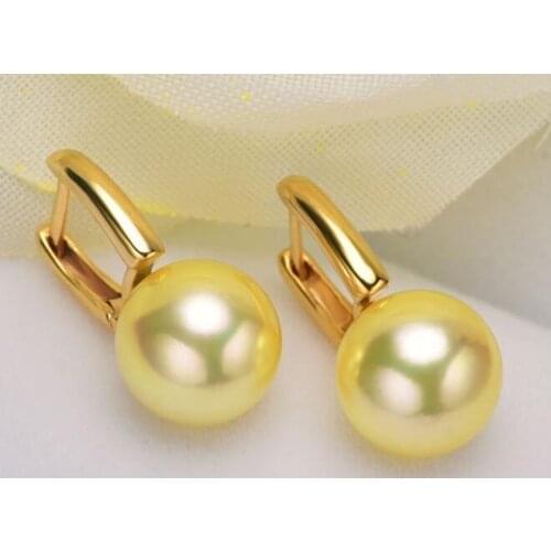 Classic a pair of AAA++ 10-11mm round south sea gold pearl earring 18k
