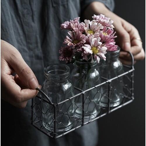 Basket with grid wrought iron bottle juice bottle decoration flower pot creative holder display stand indoor hanging WJ11084