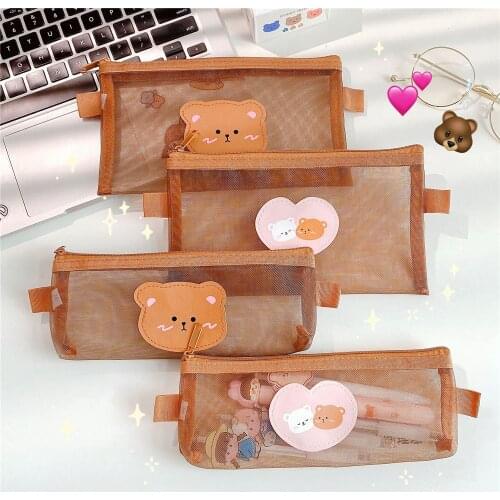1pc Brown Mesh Pencil Case Ins Cute Bear Pencil Bag Travel Portable Toiletry Makeup Storage Bag Storage Pouch Organizer
