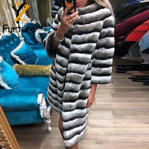 YZ.FURTURE Fashion Women Rex Rabbit Fur Coat Round Neck Chinchilla Color Genuine Fur Jacket Warm Winter Long Rex Rabbit Overcoat