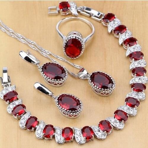 Classic Sweet Red Jewelry Set Wedding Date Anniversary Ladies Bracelet Earrings Necklace Ring Jewelry Set
