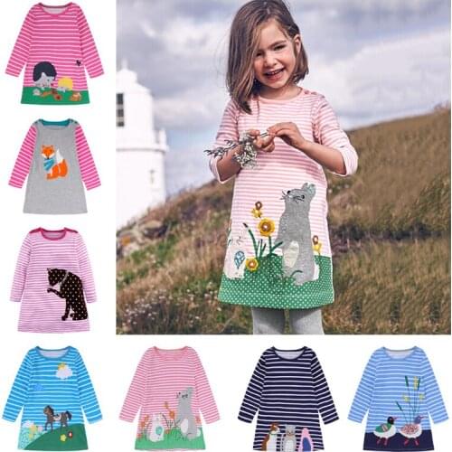 Spring Autumn New Girls Dress Casual Long Sleeve Striped Princess Dresses Cartoon Embroidered Girls Dress Dropshipping