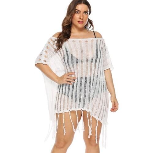 Plus Size Crochet Beach Cover Up Tassel Beach Dress Women Fishnet Beachwear Swimsuit Cover Up Shoulder Off Cover Up Beach Tunic