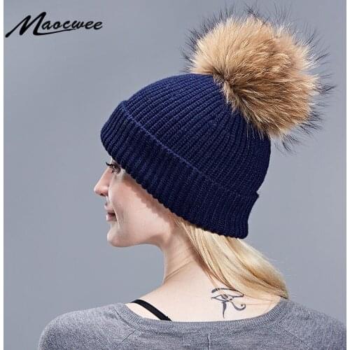 Removable Real Fur Pompon Bobble Hats For Women Skullies Beanies Warm Stocking Hat 2018 Autumn Cap Winter Hat Female