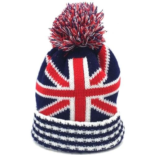 Women Men Winter Pom Poms ball Knitted Cap Unisex Casual Plus velvet warm Beanies Hat British flag Skullies Beanie hat Gorros