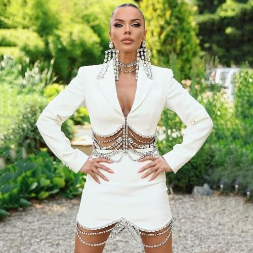 Ailigou Chic Two-Piece Suit Gorgeous Crystal Beaded Chain Design Lapel Celebrity Party Club Tailoring Top Mini Skirt Sexy Set