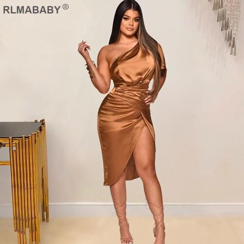 Sexy Women One Shoulder Split Midi Bodycon Dress Fashion Elegant Party Short Sleeve Folds Waist Summer Asymmetrical Satin Dress
