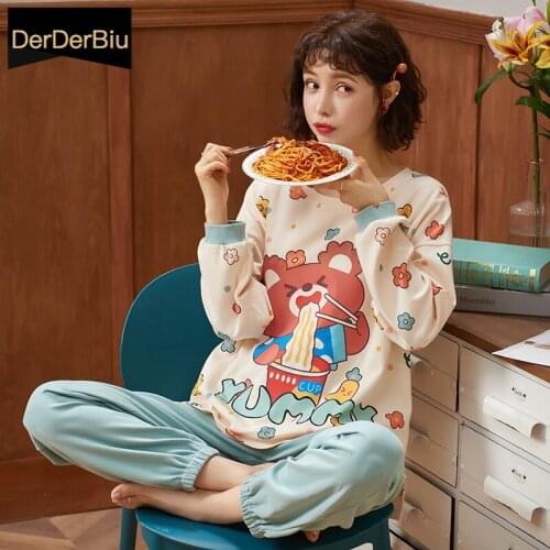 Girls loose pajamas Cotton Sleepwear Womens Pyjamas Cute Cartoon print Nightwear Womens Home Clothes Long Sleeve Pijamas mujer