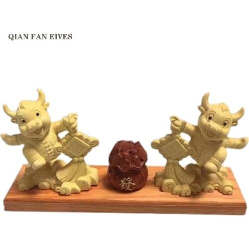 Solid wood festive statue of the Year of the Ox, Hand carved，Zodiac ox ornaments，Home decoration accessories Chinese gifts
