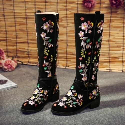US4-12 Womens Embroidered Flower Floral Zipper Ethnic Suede Leather Knee High Boots Winter Shoes Riding Black Plus Size C979