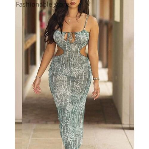 Women Mesh Sheer Hollow Print Spaghetti Strap High Slit Maxi Dress