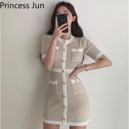 French Chic Short Knit Dress Round Neck Single Breast Short Sleeve Slim Pencil Mini Dress Summer Color Contrast Bottoming Dress