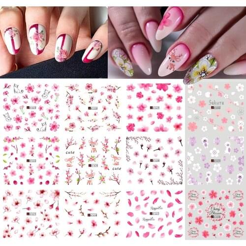 12 style pink Sakura Nail Water Stickers Set Peach Blossom Summer designs Nails Art Decoration Sliders cute animal Decor Sliders