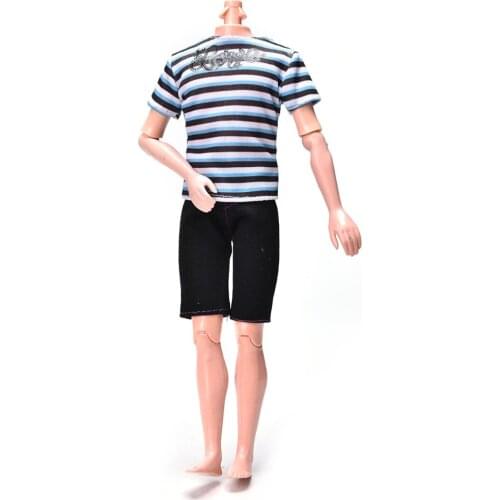 2Pcs/Set Summer New Fashion Striped Print Shirt Black Short Pants For Ken Accessories Handmade Casual Cool Dool Suit