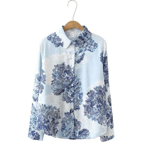 2021 Woman Summer Business Wear Satin Phoenix Print Single-Breasted Long-Sleeved Shirt