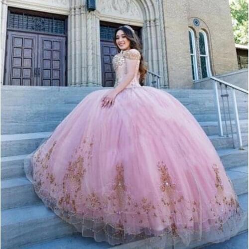 Glitter Pink Ball Gown Quinceanera Dress Off the Shoulder Crost Back Bead Crystal 2021 vestidos de 15 años Sweet 16 Year Gowns