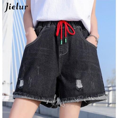 Jielur Chic Jeans for Girls Short Scratched Summer Womens Pants Ripped New Loose High Waist Denim Womens Fashion Jeans Short