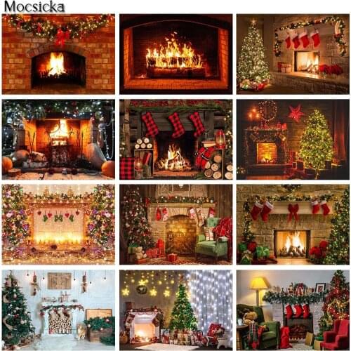 Retro Red Brick Christmas Burning Fireplace Photography Backdrop Xmas Tree Gift Decor Indoor Photo Props Studio Booth Background
