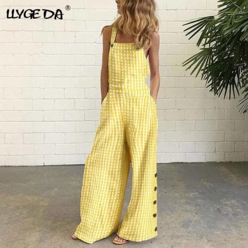 Summer Plaid Women Jumpsuits Sling High Waist Wide Leg Female Overalls Girls 2021 Streetwear Casual Loose Lady Jumpsuit Buttons