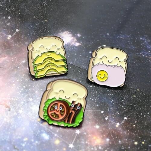 Creative Cute Sweet Smiley Bread Enamel Brooch Eggs Bacon Vegetable Burger Alloy Badge Pin Clothes Accessories Jewelry Gifts