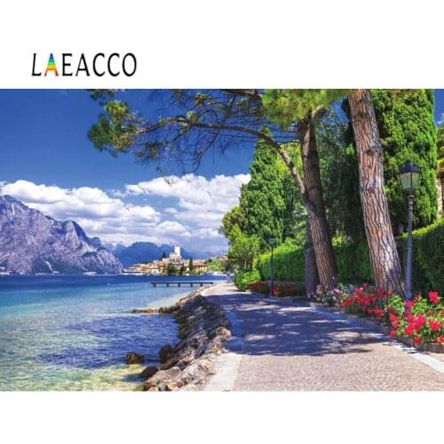 Laeacco Photo Backgrounds Town Seaside Mountain Tree Pathway Blue Sky Cloudy Scenic Photography Backdrop Photocall Photo Studio
