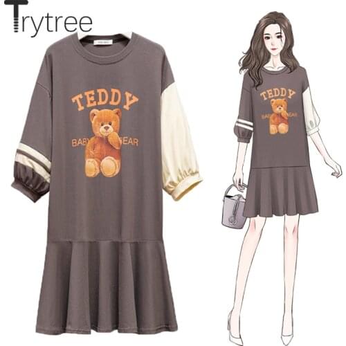 Trytree 2021 Summer Womens Dresses Casual Bear O-Neck Cotton Blend Half Puff Sleeve Ruffled Hem Oversize Loose Straight Dress