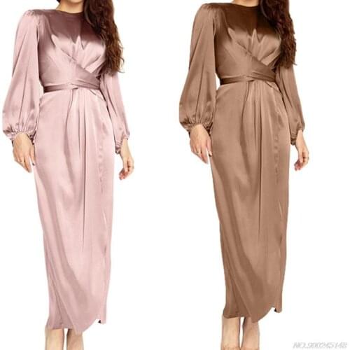 Muslim Satin Long Sleeve Maxi Dress Solid Color Wrap Front Self-Tie Abaya Dubai Turkey Hijab Robe Kaftan N05 20 Dropshipping