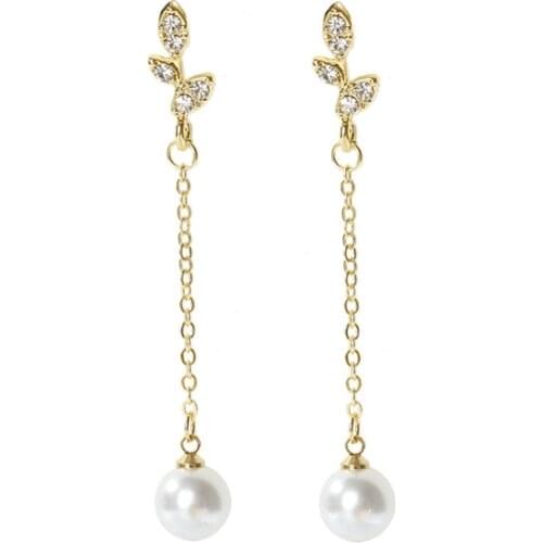 New Earrings Fashion Jewelry Simple Statement Small Leaf Crystal Simple Long Imitation Pearl Earrings Wholesale