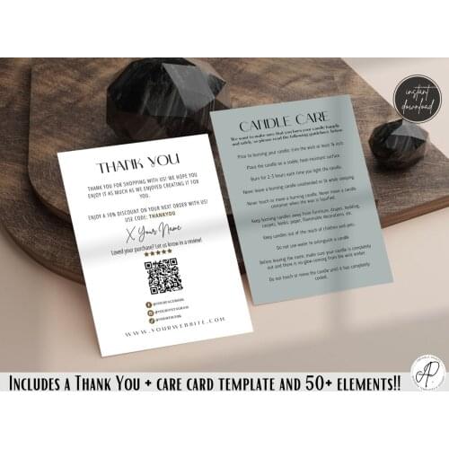 Editable and Printable thank you cards QR Code, Etsy review card template, Candle Care Card, small business care card, Instant D