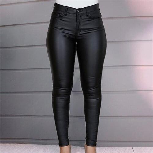 Faux Leather Casual Pencil Pants Women Warm Trousers Sexy Tight-Fitting Ladies Stretch High-Waist Pants Fashion Pure Color