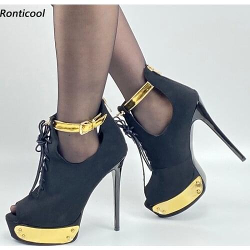 Ronticool Handmade Women Platform Sandals Lace Up Back Zipper Sexy Stiletto Heel Open Toe Black Party Shoes US Size 5-20
