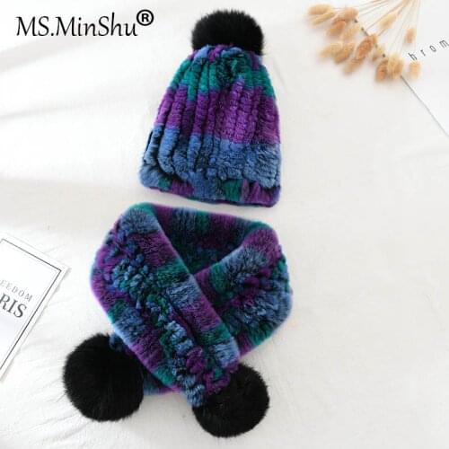 Childrens Rex Rabbit Fur Hat Scarf Set Hand Knit Beanies with Fox Pompoms Winter Hat & Scarf for Kids