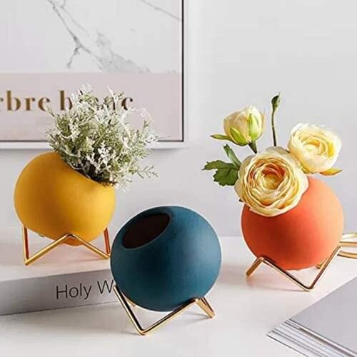 Modern Ceramic Vase for Living Room Decor Yellow Blue Orange Round Vase for Faux FlowersSmall Flower Vase Set of 3