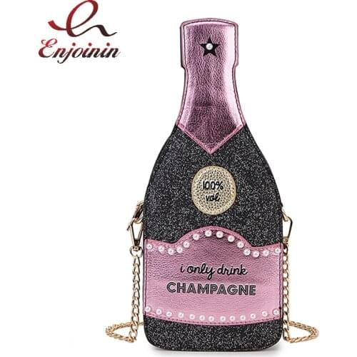 Sequined Champagne Bottle Shaped Chain Shoulder Bag for Women Novel Purses and Handbags Party Clutch Bag Black Sparkling Pouch