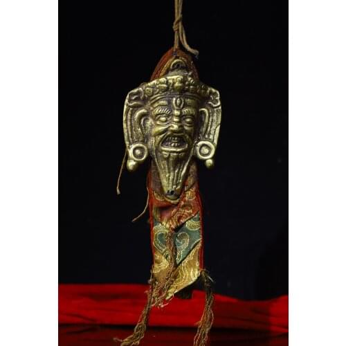 9" Tibet Buddhism Old Bronze With prayer flags King Kong mask Amulet Pendant Ward off evil spirits Town House