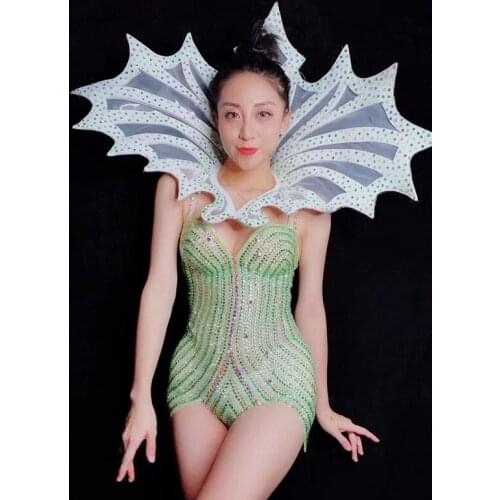 Green Rhinestones Perspective Bodysuit Headdress Women Nightclub DJ Singer Costume Sexy Jazz Stage Wear Models Catwalk Costumes