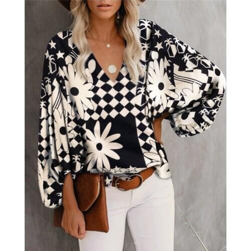 V-neck Leopard Flower Print Summer Shirt Womens Lantern Long Sleeve Office Lady Loose Casual Plus Size 3xl Elegant Ladies Shirts